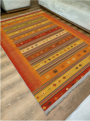 Kilim Home Mars Serisi Hardal ve Kırmızı Tonlarında Çizgili Geometrik Desen Kaymaz Taban Şönil Halı