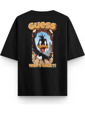 Overoz Who's Back Daffy Duck Sırt Baskılı Yarı Oversize Siyah Tshirt 1393