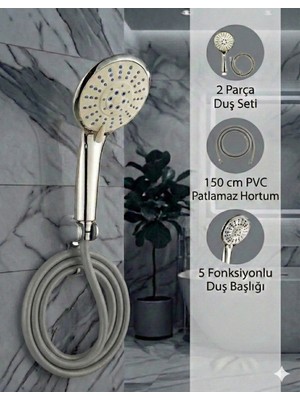 Plodna House Elvis 5 Fonksiyonlu Tazyikli Duş Başlığı ve Dolanmaz Pvc Duş Hortumu Takımı