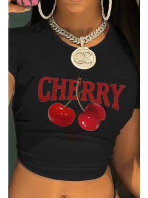 Tarz Cool Kadın Baskılı Crop Tişört - Cherry Desenli, Yazlık Kısa Kollu Bluz