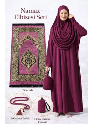 İhvan Tek Parça Namaz Elbisesi - Seccade - Tesbih - Ibadet Seti - Fuşya