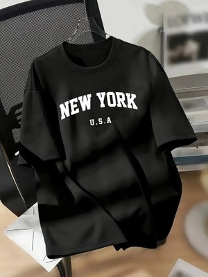 Marsilyan 20/1 Penye Compack New York Baskılı Oversize Kısa Kol Bisiklet Yaka T-Shirt - Siyah