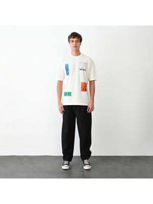 Marsilyan Bisiklet Yaka Baskılı Oversize T-Shirt - Beyaz