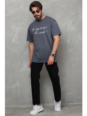 Marsilyan Bisiklet Yaka Baskılı Oversize T-Shirt - Füme