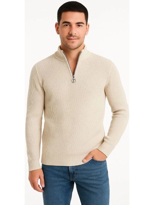 Marsilyan Yarım Fermuarlı Triko Kazak Bej