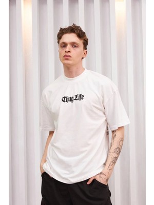 Marsilyan Bisiklet Yaka Baskılı Oversize T-Shirt - Beyaz