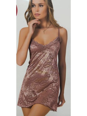 Primoda Underwear Pudra Pembe Mini Dantel Gecelik - Şık-Özel-Yumuşak-Büyük Gül Kabartmalı Desen