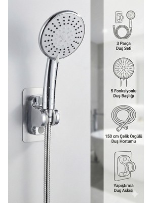 Plodna House Venüs 5 Fonksiyon Duş Başlığı + Spiral Çelik Örgülü Duş Hortumu + Yapışkanlı Mafsal