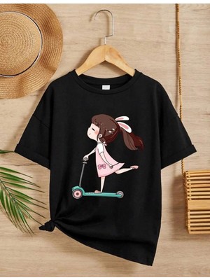 Marsilyan Kız Çocuk Bisiklet Yaka Baskılı T-Shirt - Siyah