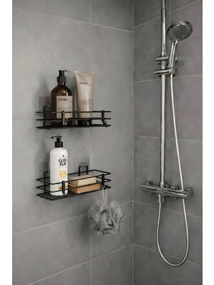 Sas Haus Tek Katlı Duş Rafı – Kancalı Banyo Şampuanlık & Organizer 2 Adet Siyah Tş-01