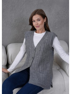 Stilmony Kadın Triko Ajurlu Cep Detaylı Yün Yelek