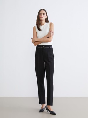 Lcw Siyah Beli Kemerli Dar Fit Kadın Pileli Pantolon