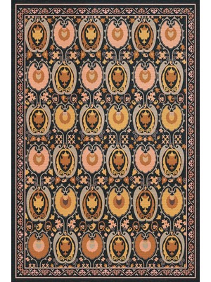 Kilim Home Hardal Turuncu ve Siyah Tonları Etnik Desenli Otantik Dokuma Şönil Yıkanabilir Salon Halısı MARS286