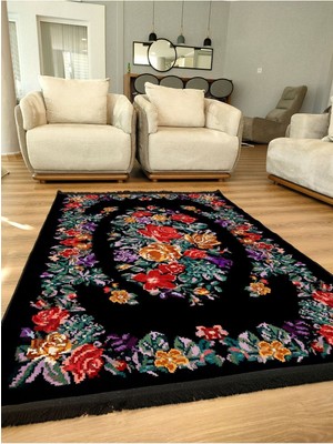 Kilim Home Mars Serisi Siyah ve Multy Tonlarda Çiçekli Desen Kaymaz Taban Şönil Halı