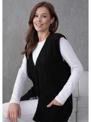 Stilmony Kadın Triko Ajurlu Cep Detaylı Yün Yelek