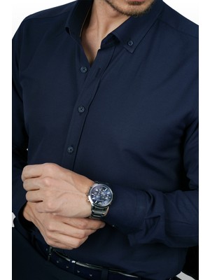 Etikmen Lacivert Yaka Düğmeli Premium Şamre Slimfit Erkek Gömlek