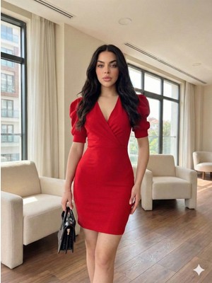 Cuyka Kadın Kruvaze Yaka Kısa Kol Krep Mini Elbise