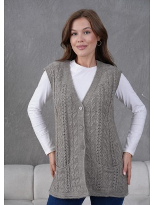 Stilmony Kadın Triko Ajurlu Cep Detaylı Yün Yelek