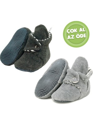 Ella Bonna Kaydırmaz Taban, Organik %100 Pamuk Astarlı , Bebek Panduf , 2'li Ekonomik Paket (Antrasit-Gri)