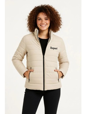 Marsilyan Kadın Mikro Su Itici Kapitone Baskılı Astarlı Fermuarlı Bomber Mont - Bej