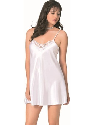 Letsii Kısa Saten Gecelik Tek Parça Hafif Dokunuş Beyaz Renk