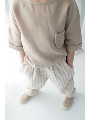 Catz Kids Erkek Çocuk Vizon Çizgili Keten Pantolon + Vizon Müslin Arkadan Düğmeli Gömlek