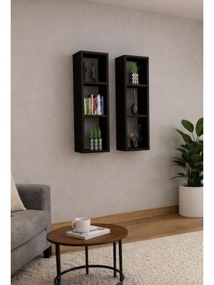 Dekormer Design Kitaplık Takım Ev Mobilya Duvar Rafı Ikili Siyah
