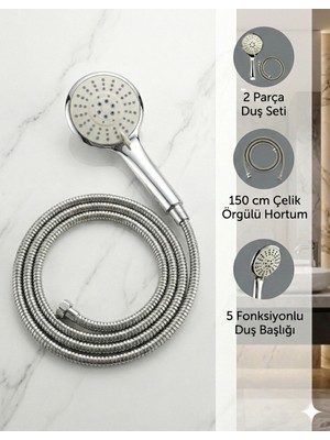 Plodna House Elvis 5 Fonksiyonlu Yüksek Basınçlı Duş Başlığı ve Çelik Örgülü Duş Hortumu Takımı 150 cm