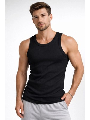 Marsilyan Erkek Fitilli Atlet Sıfır Yaka Slim Fit Arka Baskılı Spor Atlet - Siyah