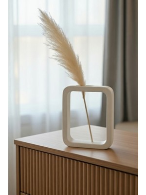 Safir Design Modern Geometrik Çerçeve Vazo - El Yapımı Beyaz Dekoratif Vazo -Doğal Pampas Hediyeli