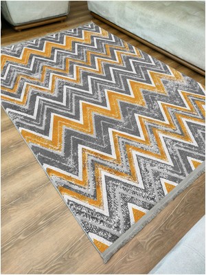 Kilim Home Mars Serisi Hardal ve Gri Tonlarında Zikzak Geometrik Desen Kaymaz Taban Şönil Halı