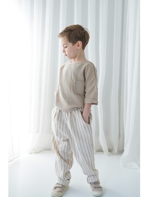 Catz Kids Erkek Çocuk Vizon Çizgili Keten Pantolon + Vizon Müslin Arkadan Düğmeli Gömlek
