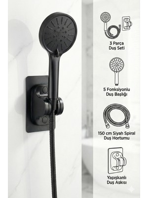 Plodna House Siyah 3’lü Yüksek Basınçlı 5 Fonksiyonlu Duş Seti Yapışkanlı Duş Askılı 150 cm Siyah Spiral Hortum