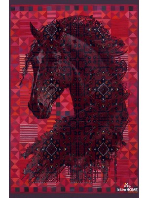 Kilim Home MARS124 Etnik Anadolu Halı Üzerine Desenlı At Dekoratif Salon Halısı Saçaklı Yıkanabilen Halı