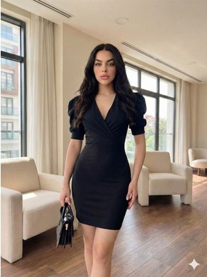 Cuyka Kadın Kruvaze Yaka Kısa Kol Krep Mini Elbise