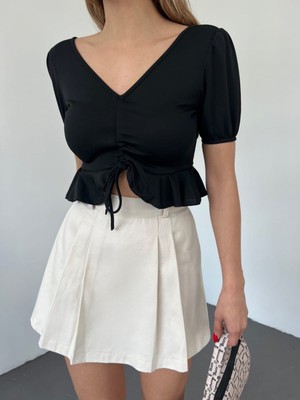 Tomiross Pelin Kadın Siyah Sırtı Açık Ipli Kısa Kollu Crop Bluz PELIN-5714