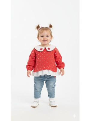 Pinomio Baby Kız Bebek Yakası Çilek Nakışlı Kotlu Takım