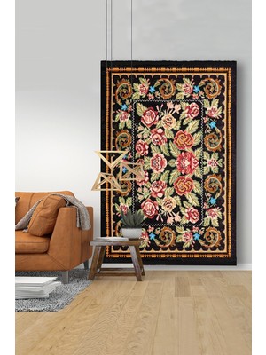 Kilim Home Mars 2010 Siyah ve Sarı Tonlarında Bordürlü Geometrik Desen Kaymaz Taban Dekoratif Halı