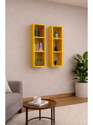 Dekormer Design Kitaplık Takım Ev Mobilya Duvar Rafı Ikili Sarı