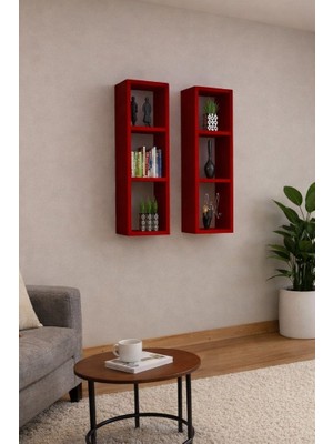 Dekormer Design Kitaplık Takım Ev Mobilya Duvar Rafı Ikili Kırmızı