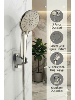Plodna House Elvis 3’lü Yüksek Basınçlı 5 Fonksiyonlu Duş Seti | Mafsallı Askı | Ip Örgülü Hortum
