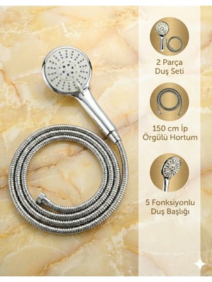 Plodna House Elvis 5 Fonksiyonlu Yüksek Basınçlı Duş Başlığı ve Ip Örgülü Duş Hortumu Takımı 150 cm