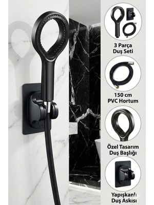 Plodna House Siyah Yağmur Model Duş Başlığı Seti – Yüksek Basınçlı & Dayanıklı Pvc Hortumlu + Yapıştırma Mafsal