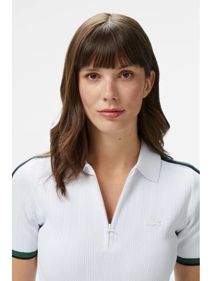 Lacoste Slim Fit Kısa Kollu Yarım Fermuarlı Polo Yaka Full Likralı Triko Tişört Beyaz