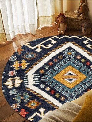 Kilim Home Boho 952 Lacivert Etnik ve Geometrik Jüt Rengi Örgü Yuvarlak Natural Çift Taraflı Halı