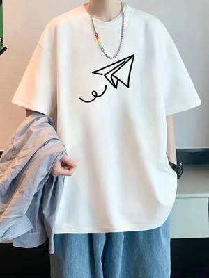 Marsilyan 20/1 Penye Compack Uçak Baskılı Oversize Bisiklet Yaka Kısa Kol T-Shirt - Beyaz