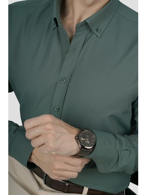 Etikmen Yeşil Yaka Düğmeli Premium Şamre Slimfit Erkek Gömlek