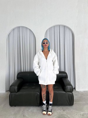 Marsilyan Oversize Tam Fermuarlı Uzun Kol Hırka - Beyaz