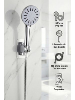 Plodna House Kaliteli Tayzikli 5 Fonksiyon Duş Başlığı + Spiral Çelik Örgülü Duş Hortumu + Yapışkanlı Mafsal