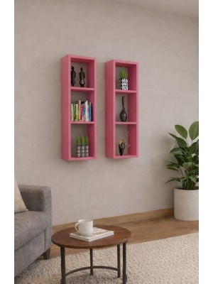 Dekormer Design Kitaplık Takım Ev Mobilya Duvar Rafı Ikili Pembe